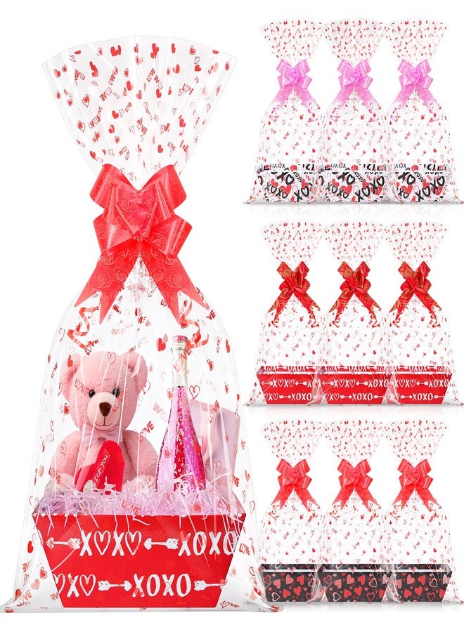 Hallswl 12 Set Valentines Day Gifts Baskets Bulk with Cellophane Basket Bags and Ribbons, Red White Empty Love Heart Cardboard Gift Basket for Wedding Birthday Valentine's Day Party Decorations - Image 1